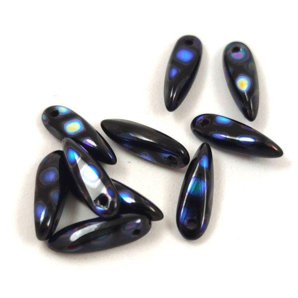 Lándzsa (szirom) cseh préselt üveggyöngy - Jet AB peacock - 3x11mm