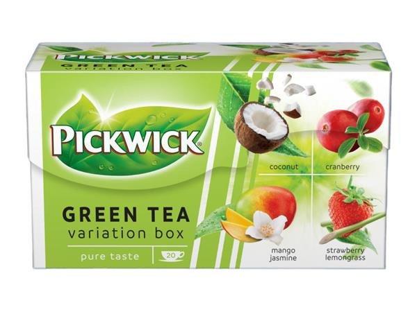 Zöld tea, 20x1,5 g, PICKWICK "Zöld tea Gyümölcsös Variációk",
kókusz, vörösáfonya, eper-citromfű, mangó-jázmin