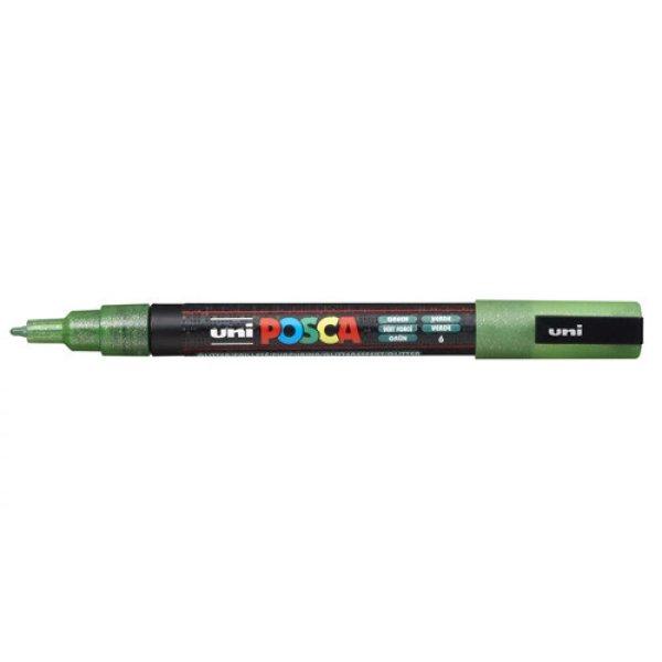Dekormarker, Uni Posca PC-3M, 0,9-1,3 mm, kúpos hegy, csillámló zöld