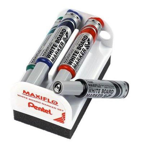 Táblamarker készlet, 6 mm, kúpos hegy, PENTEL "Maxiflo", 4
különböző szín