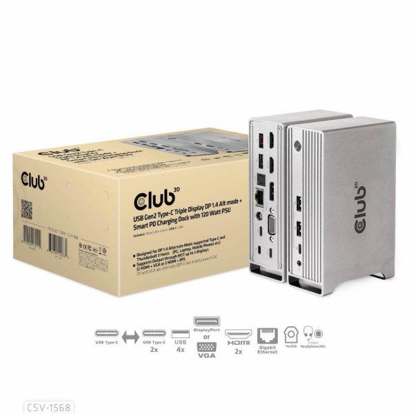 Club3D USB Gen2 Type-C Triple Display DP 1.4 Alt mode Smart PD Charging Dock
with 120 Watt PSU