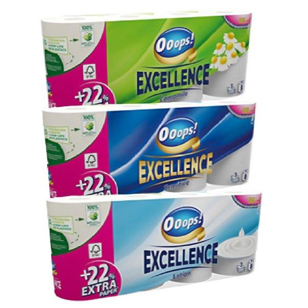 3 x 16 tekercs Ooops! Excellence 3 rétegű, wc papír –  Sensitive, Lotion
vagy kamilla Illattal