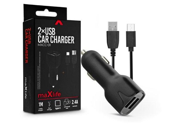 Maxlife 2xUSB szivargyújtó töltő adapter + USB - Type-C kábel 1 m-es
vezetékkel - 12W - Maxlife MXCC-01 Type-C 2xUSB Car Fast Charger - fekete