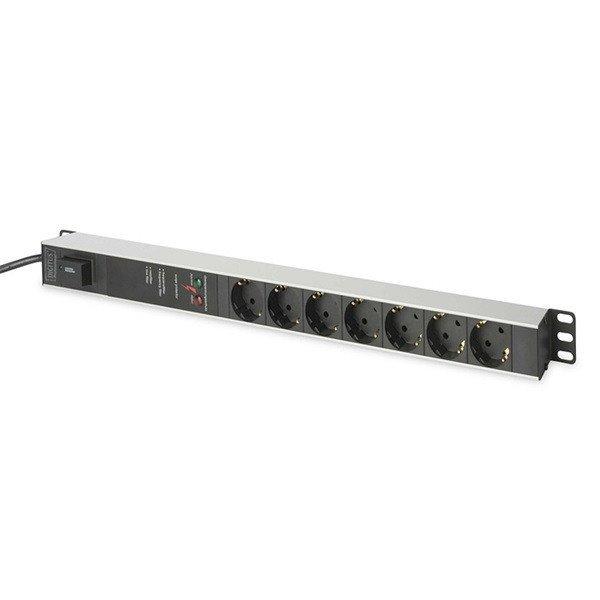 DIGITUS 1U PDU 230V 16A 7xCEE 7/3 aljzat CEE7/7 csatlakozó túlfeszültség
védelemmel és vonalszűrővel 2M elosztósor