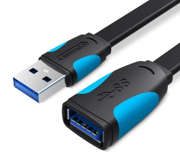 Vention USB 3.0, (hosszabbító, lapos, fekete), 2m, kábel