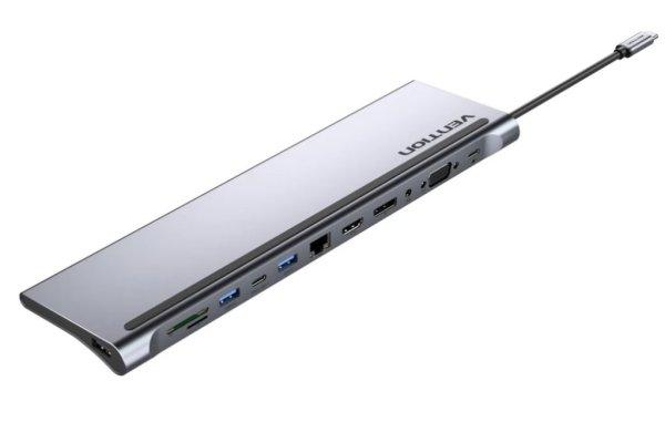 Vention USB-C -> DP/HDMI/VGA/USB-C Gen 1/USB 3.0x2/USB 2.0/RJ45/SD/TF/TRRS
3.5mm/PD, 0,25m (12 az 1-ben, szürke aluminum ötvözet), Dokkoló