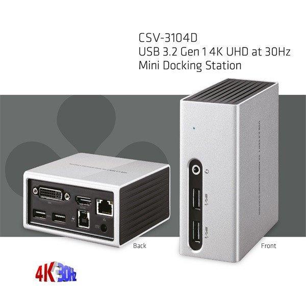 Club 3D Notebook Dokkoló - CSV-3104D (4K UHD, 3.0 USB-A to HDMI, DVI-I,
4xUSB-A, RJ45, 3.5 Jack Audio + Mic)