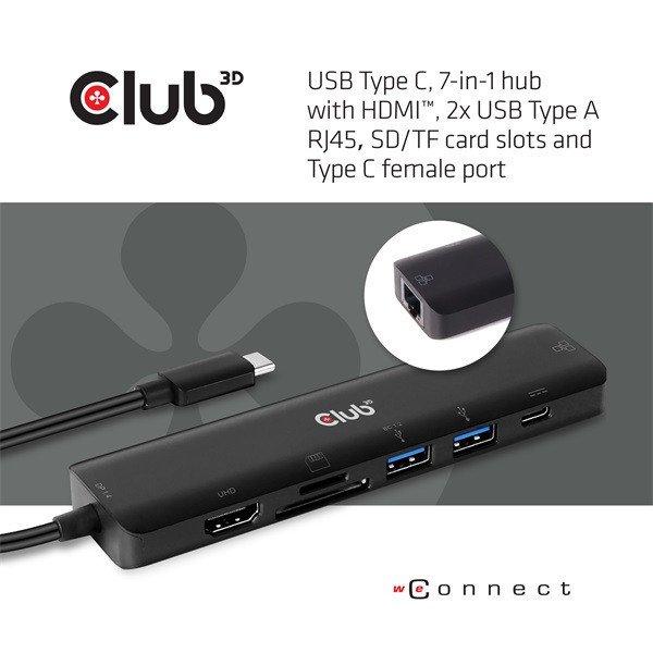 Club 3D USB Hub - CSV-1592 (3.1 USB-C Gen 1 to HDMI, 2xUSB-A BC1.2 charge, USB-C
PD charge, SD, Micro SD, RJ45, 4K60Hz)