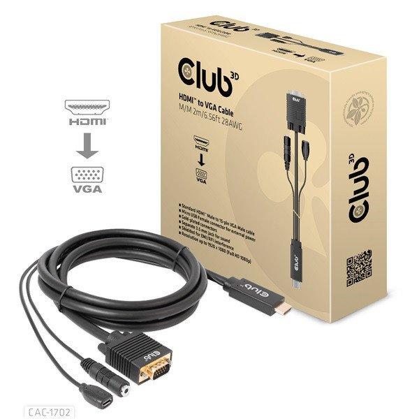 Club 3D Kábel - CAC-1712 (HDMI to VGA, M/M, 2m, 28AWG, 1080p, 3.5mm jack, Micro
USB táplálás)