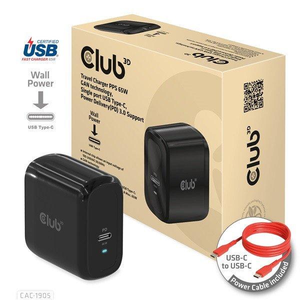 Club 3D Hálózati töltő - CAC-1905EU (65W GAN, USB-C, PD 3.0, túltöltés
védelem, kicsi méret)