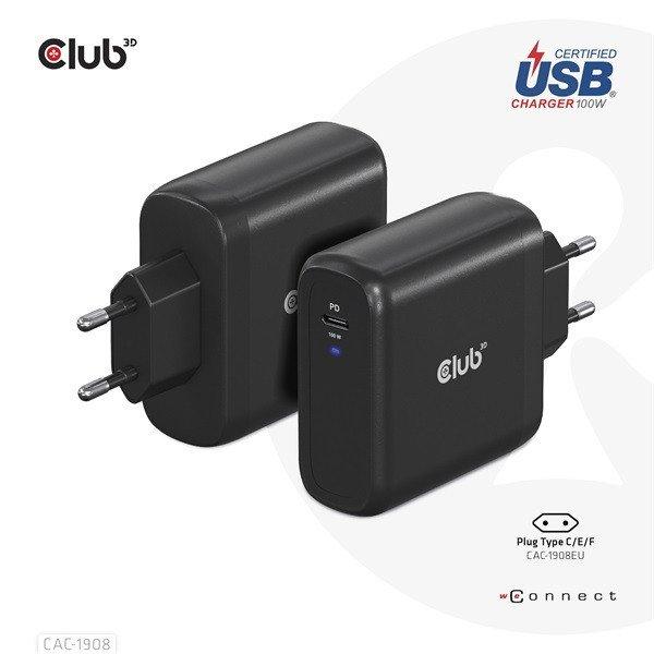 Club 3D Hálózati töltő - CAC-1908EU (100W GAN, USB-IF, egyportos USB-C, PD
3.0 támogatás)