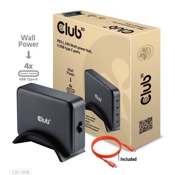 Club 3D Hálózati Töltő - CAC-1918 (240W GaN, 4x USB-C, PD3.1, 4 csatlakozó)