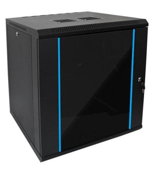 Techson 600 x 450 mély 12U magas, fali 19"-os rackszekrény, üvegajtó,
fekete