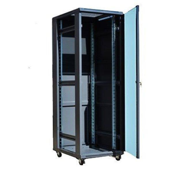 Techson 600 x 600 mély 27U magas, álló 19"-os rackszekrény, üvegajtó,
fekete