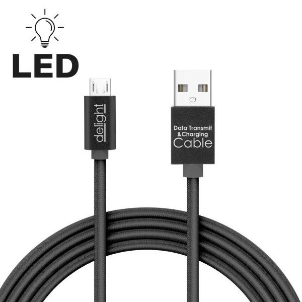 DELIGHT ADATKÁBEL USB-MICRO USB1M MAX 2A LED FÉNNYEL FEKETE