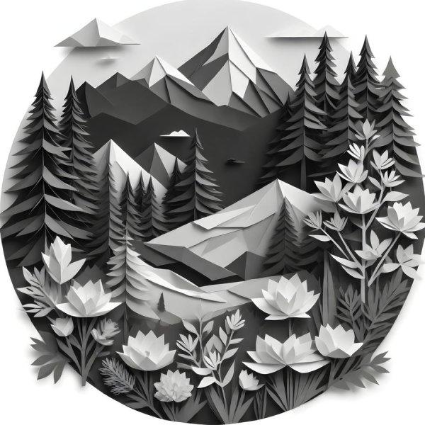 Öntapadós kör alakú poszter tapéta, fenyő erdő, virágok, fekete-fehér,
origami stílus  120x120 cm 