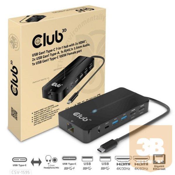 DOC Club3D USB Gen1 Type-C 7-1 hub with 2x HDMI, 2x USB-A, RJ45+3,5mm Audio+PD
3.0