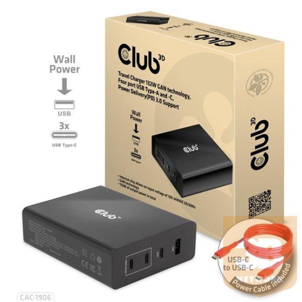 ADA Club3D 132W GAN technology, 4 port USB Type-A and -C, Power Delivery(PD) 3.0
Support - Travel Charger