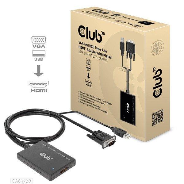 Club 3D Átalakító - CAC-1720 (USB-A & VGA to HDMI, M/F, 0.6m, 28AWG, Full HD
1080p)