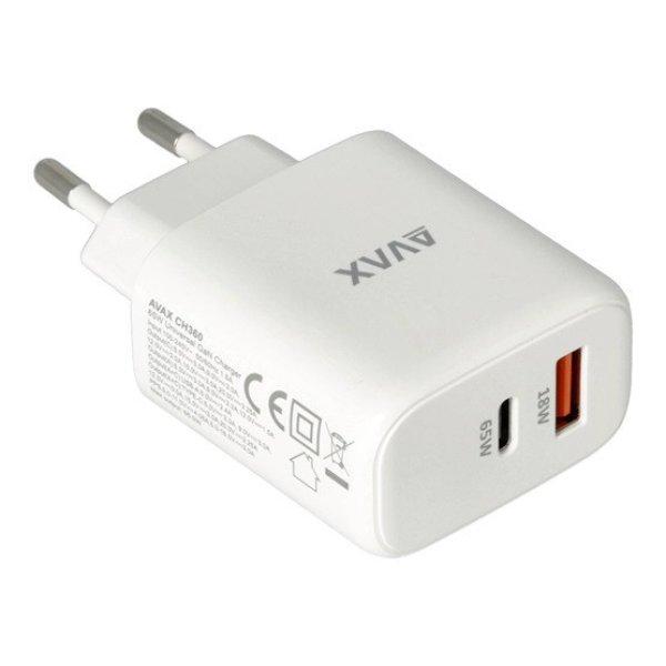 CHG AVAX CH360 SPEEDY 65W GaN hálózati töltő USB A (QC)+Type C (PD3.0),
fehér