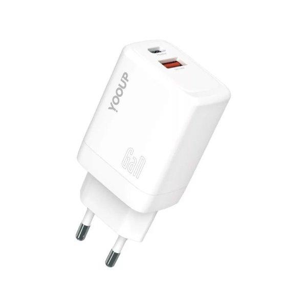 YooUp NC48-D Dupla Hálózati Töltő (USB - TYPE-C) PD 45W Fehér