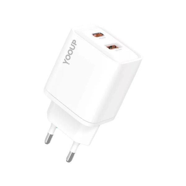 YooUp NC63-D Dupla Hálózati Töltő (USB - Type-C) PD 20W Fehér