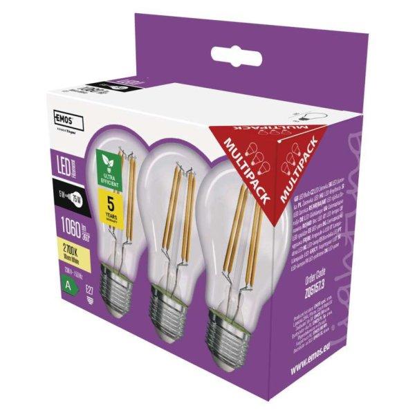 EMOS ZF5157.3, LED izzó Filament A60 / E27 / 5 W (75 W) / 1 060 lm / meleg
fehér 3db