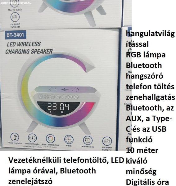 Vezetéknélküli telefontöltő, LED lámpa órával, Bluetooth zenelejátszó