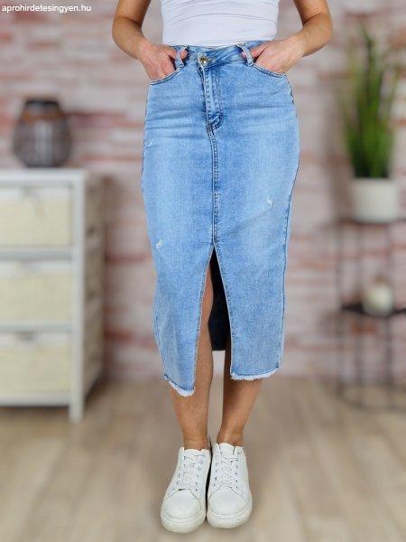 Elől sliccelt, zsebes, hosszú farmerszoknya XS-XL-ig