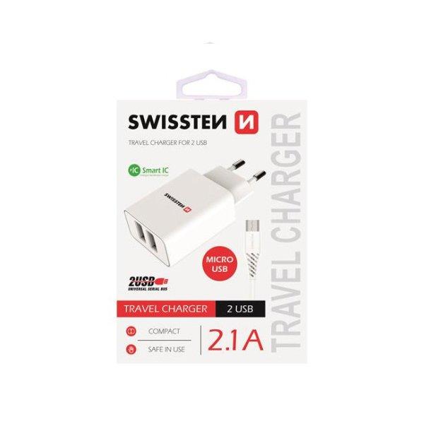 Töltő Swissten Smart IC 2.1A s 2 USB konektorral és adatkábellel USB/Micro
USB, 1,2m, fehér