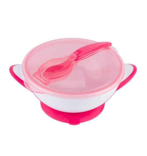 BABYONO Zárható tálka tapadókoronggal és kanállal 300 ml rózsaszín 6h+