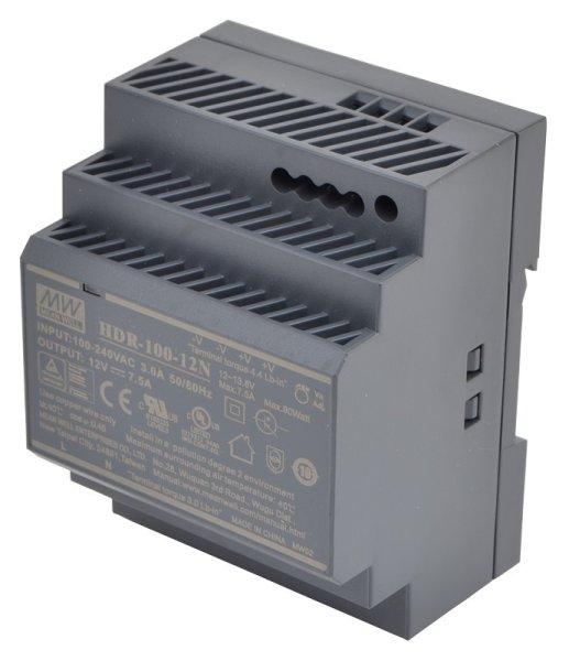 Mean Well DIN sínre szerelhető tápegység szabályozható DC kimenettel
85-264 VAC / 12 VDC, 100 W, 0-7,5 A