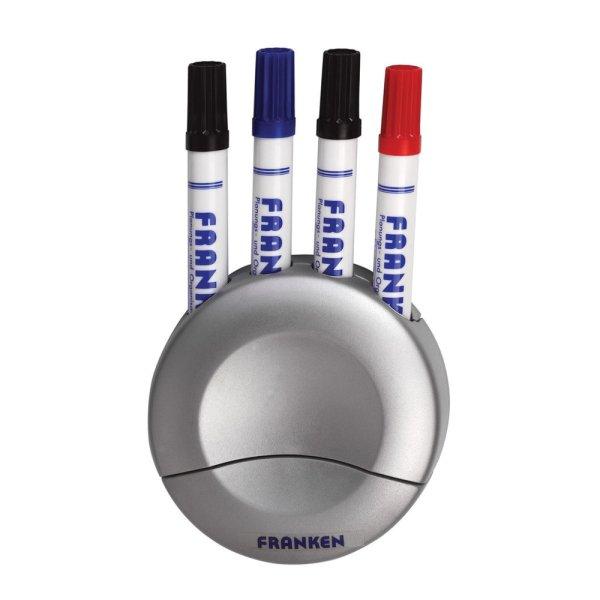 Mágneses táblatörlő és táblamarker tartó kerek 4 db marker tárolására
alkalmas Franken
