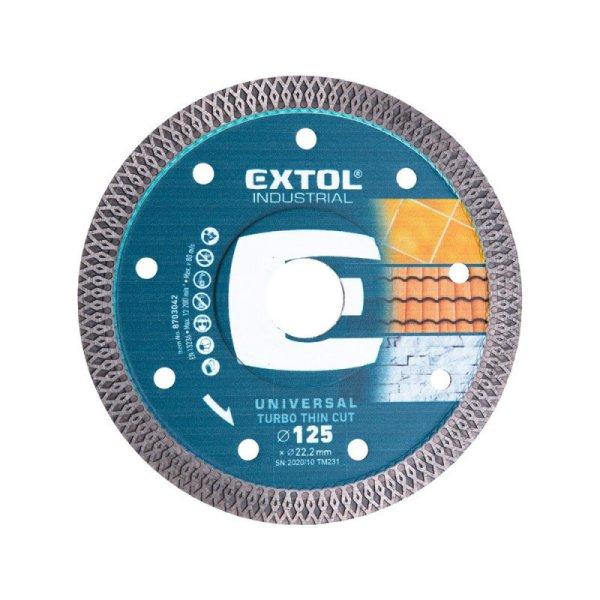 EXTOL INDUSTRIAL gyémántvágó, ipari korong, TURBO, extra vékony vágás:
1,5mm vastagság; 115×22,2mm, száraz és vizes vágásra