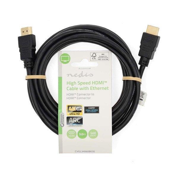 Nedis ultra HD HDMI kábel CVGL34060BK30, HDMI dugó - dugó, 4K@60Hz, ARC, 18
Gbps, aranyozott csatlakozók, hossz 3m
