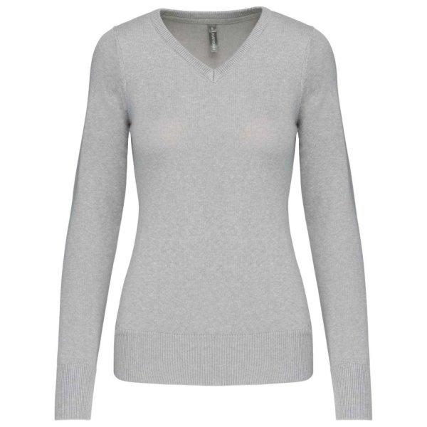 Női V-nyakú testhezálló pulóver, Kariban KA966, Grey Melange-M