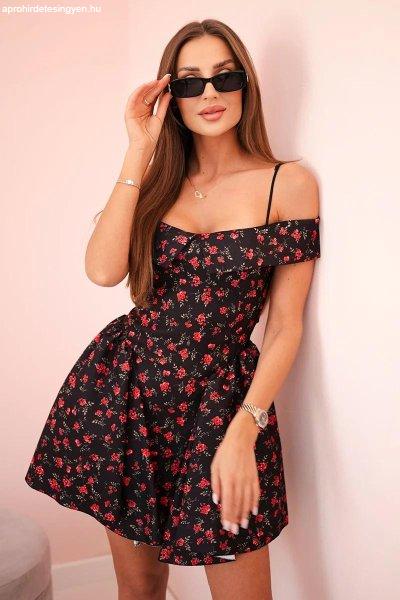 Virágos váll nélküli ruha modell 123061 fekete+piros