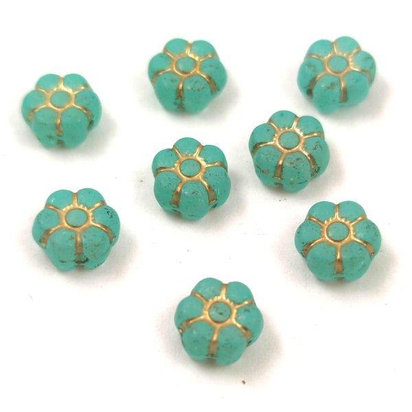 Cseh table cut gyöngy - hosszában fúrt virág - Crystal Matt Turquoise Gold -
00030-54302-84309 - 8mm