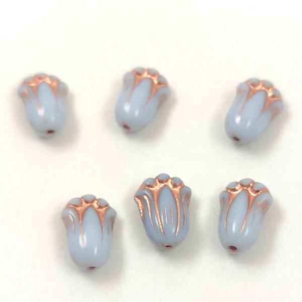 Tulip Bud - cseh préselt üveggyöngy - Light Blue Copper - 12x8mm