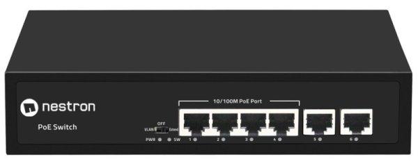Nestron NSP-104F02F-65M 6 portos 10/100 PoE switch (65 W), 4 PoE+ / 2 RJ45
uplink port, nem menedzselhető