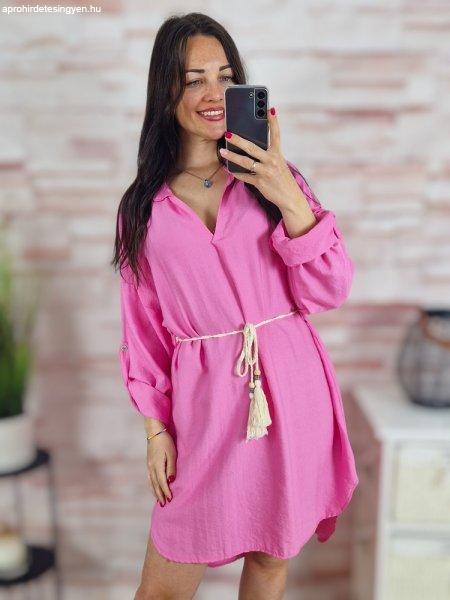 Hátul hosszított, roll-up ujjú, deréknál megkötős ruha M-L-XL