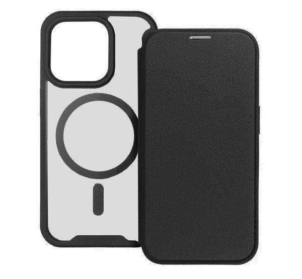 Tok álló, bőr hatású (FLIP, oldalra nyíló, kártyazseb, kameravédő,
mágneses, átlátszó matt hátlap, MagSafe) FEKETE Apple iPhone 15