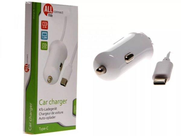 AllRide, Szivargyújtós Töltő, USB-C kábellel, 1,2 m kábel, 2,1A 12-24V