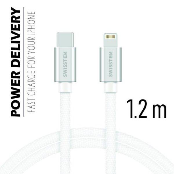 Adatkábel Swissten textil s USB-C + Lightning konnektorral és gyorstöltés
támogatással 1,2 m, ezüst