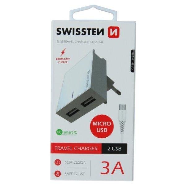 Gyorstöltő Swissten Smart IC 3.A s 2 USB konektorral + Adatkábel USB / Micro
USB 1,2 m, fehér