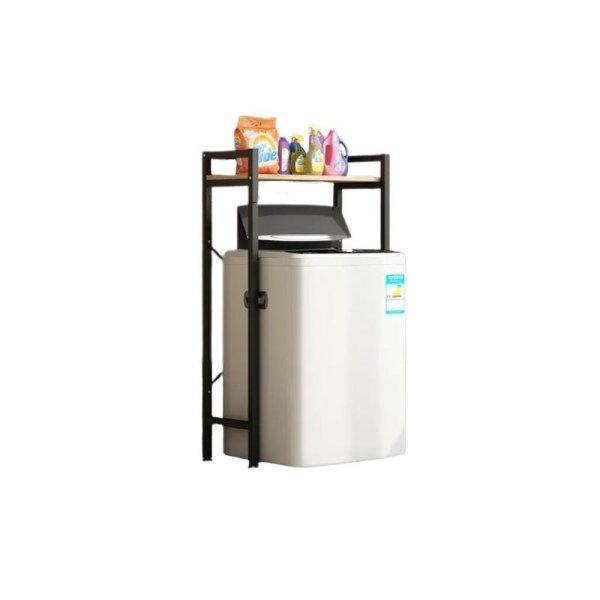 Elite Home® masszív fém fürdőszobai polc felültöltős mosógép fölé fa
polccal, fekete - 120 cm