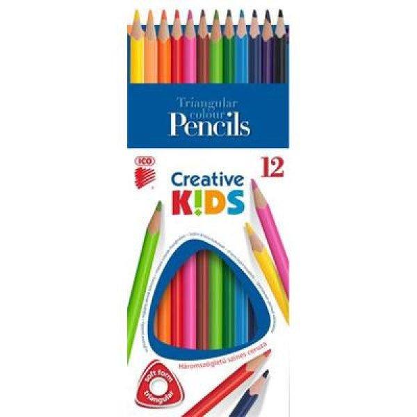 Színes ceruza készlet, háromszögletű, ICO "Creative kids", 12
különböző szín