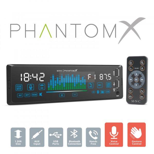 Fejegység "PhantomX" - 1 DIN - 4 x 50 W - gesztusvezérlés - BT -
MP3 - AUX - USB