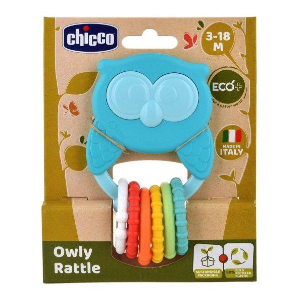 CHICCO Rágóka csörgővel és érzékszervi gyűrűkkel Eco+ Bagoly Owly 3m+