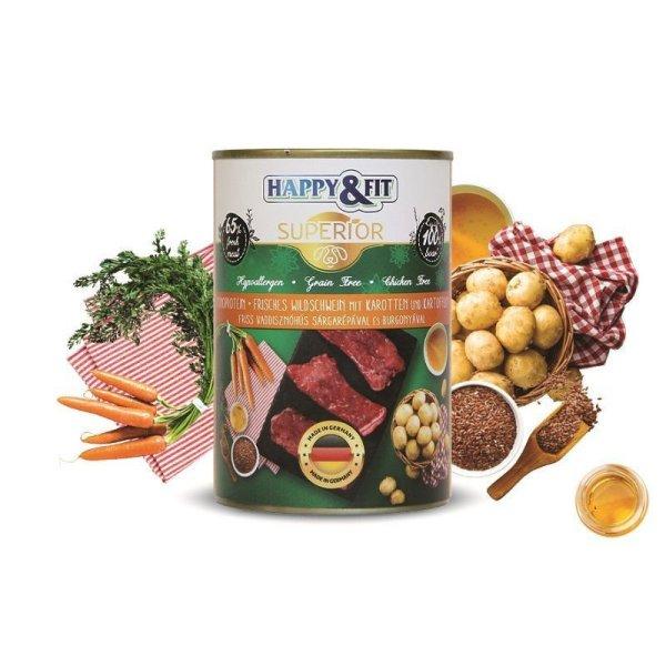 Happy&Fit Superior Dog Konzerv Friss Vaddisznóhús Srépával, burgonyával
400g